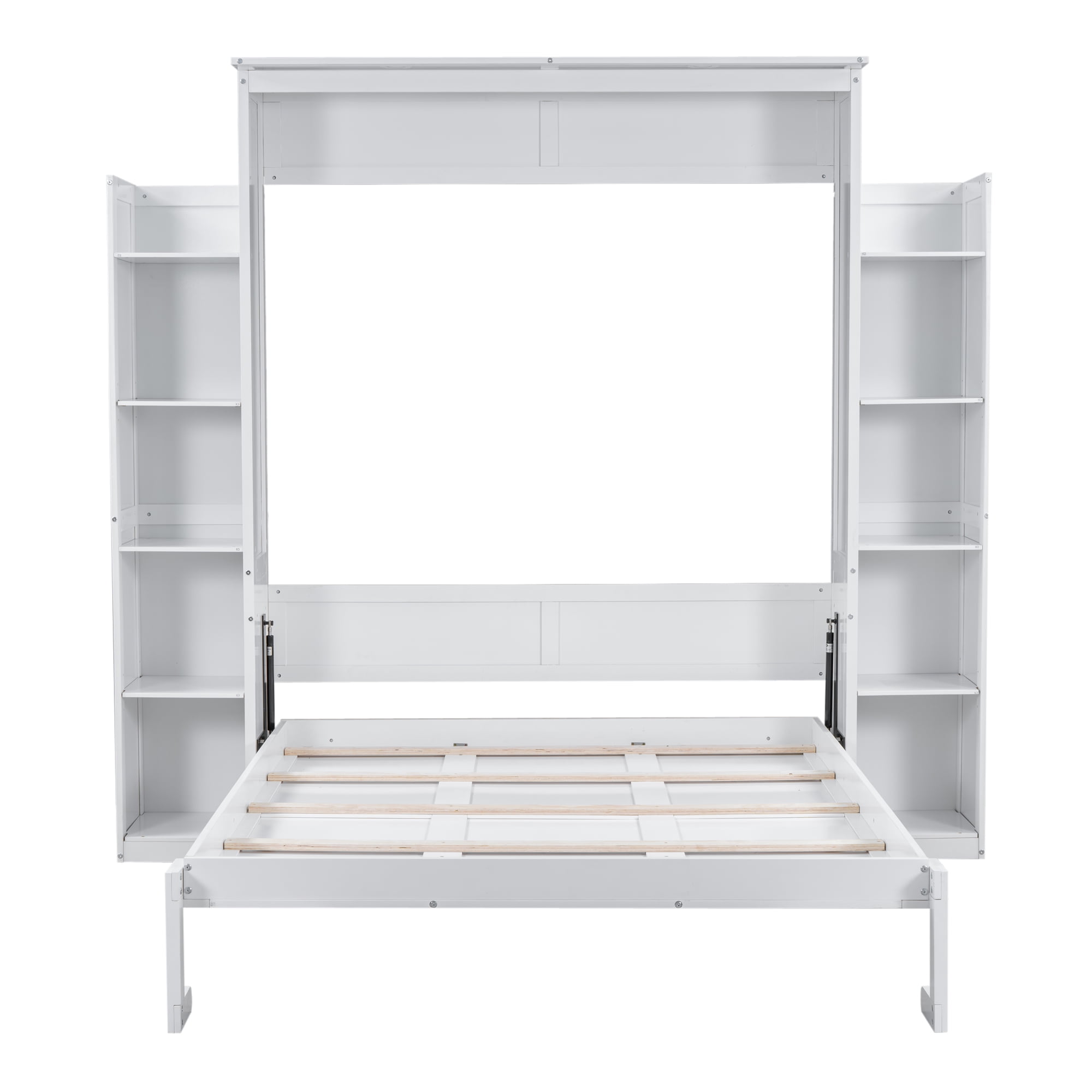 Mintazer Queen Size Murphy Bed with Side Bookcases & LED Lights, Folding Wall Cabinet Bed with Storage for Guest Room Home Office Apartment, Grey