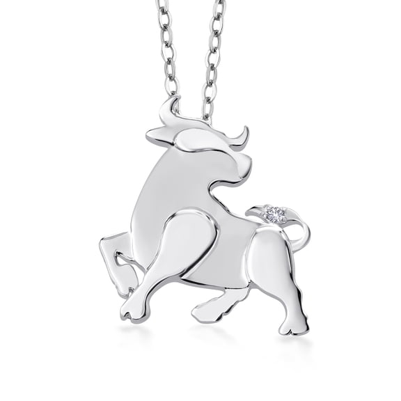 Gem Stone King 925 Sterling Silver White Created Sapphire Ox Pendant Necklace for Women By Keren Hanan with 18 inch Chain