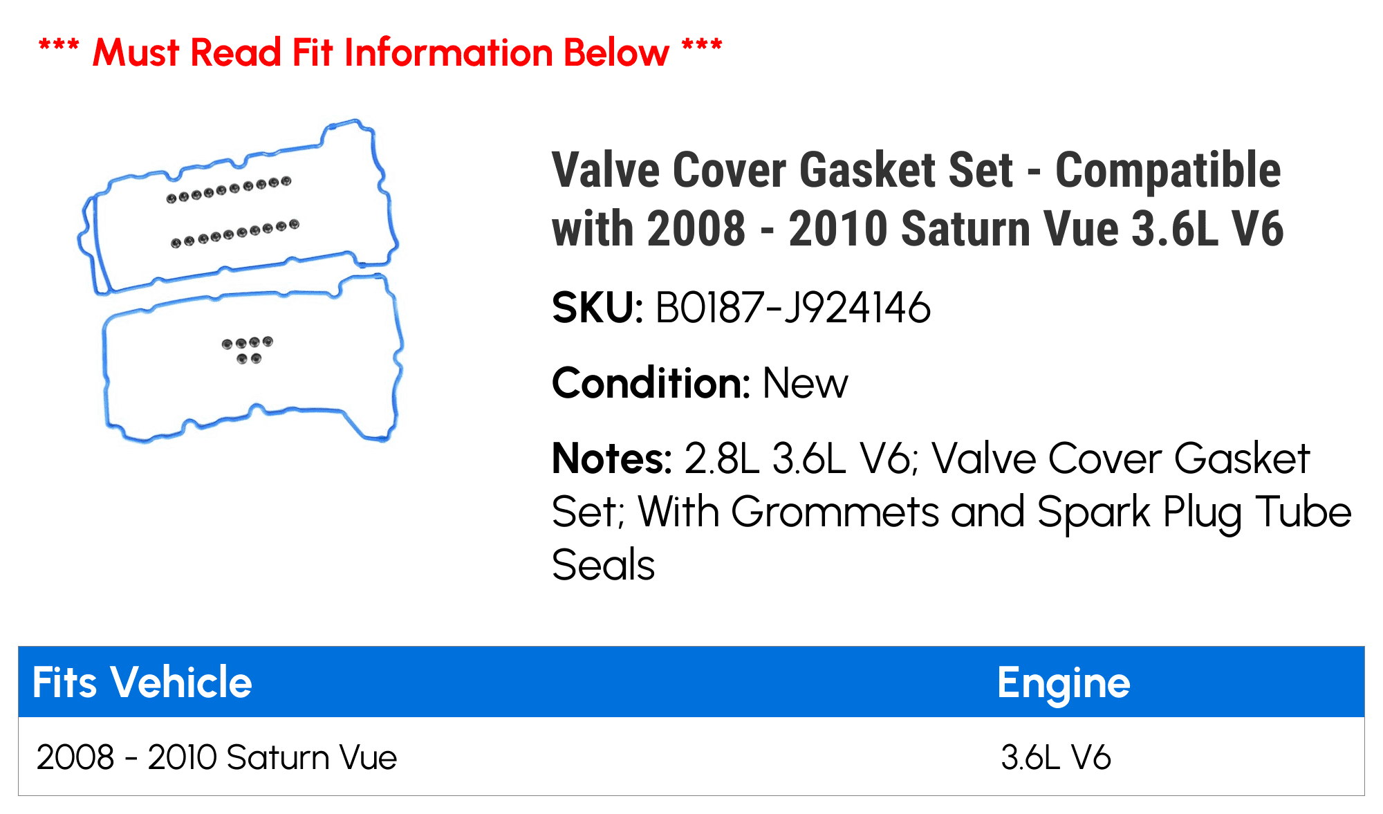 Valve Cover Gasket Set Compatible with 2008 2010 Saturn Vue 3.6L V6  2009