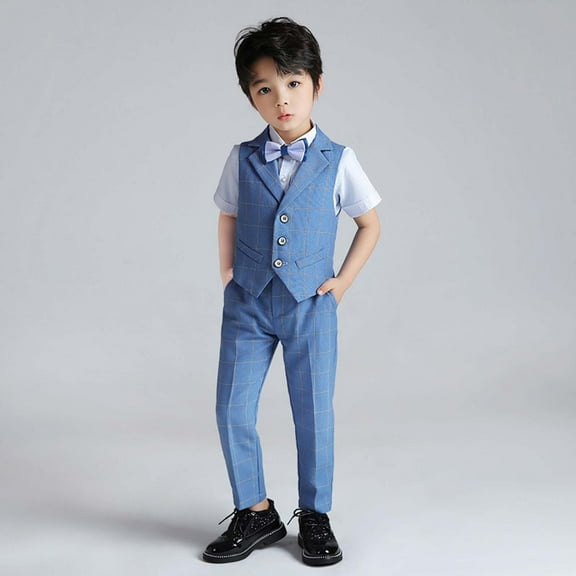 Wuxian Toddler Girl Outfits Boy'S Formal Plaid Suit Three Piece Set Sleeveless Button Down V-Neck Vest Trousers Stylish Bowtie Parties Wedding Tuxedo Gentleman Dress Clothes,Sky Blue,10-11 Years