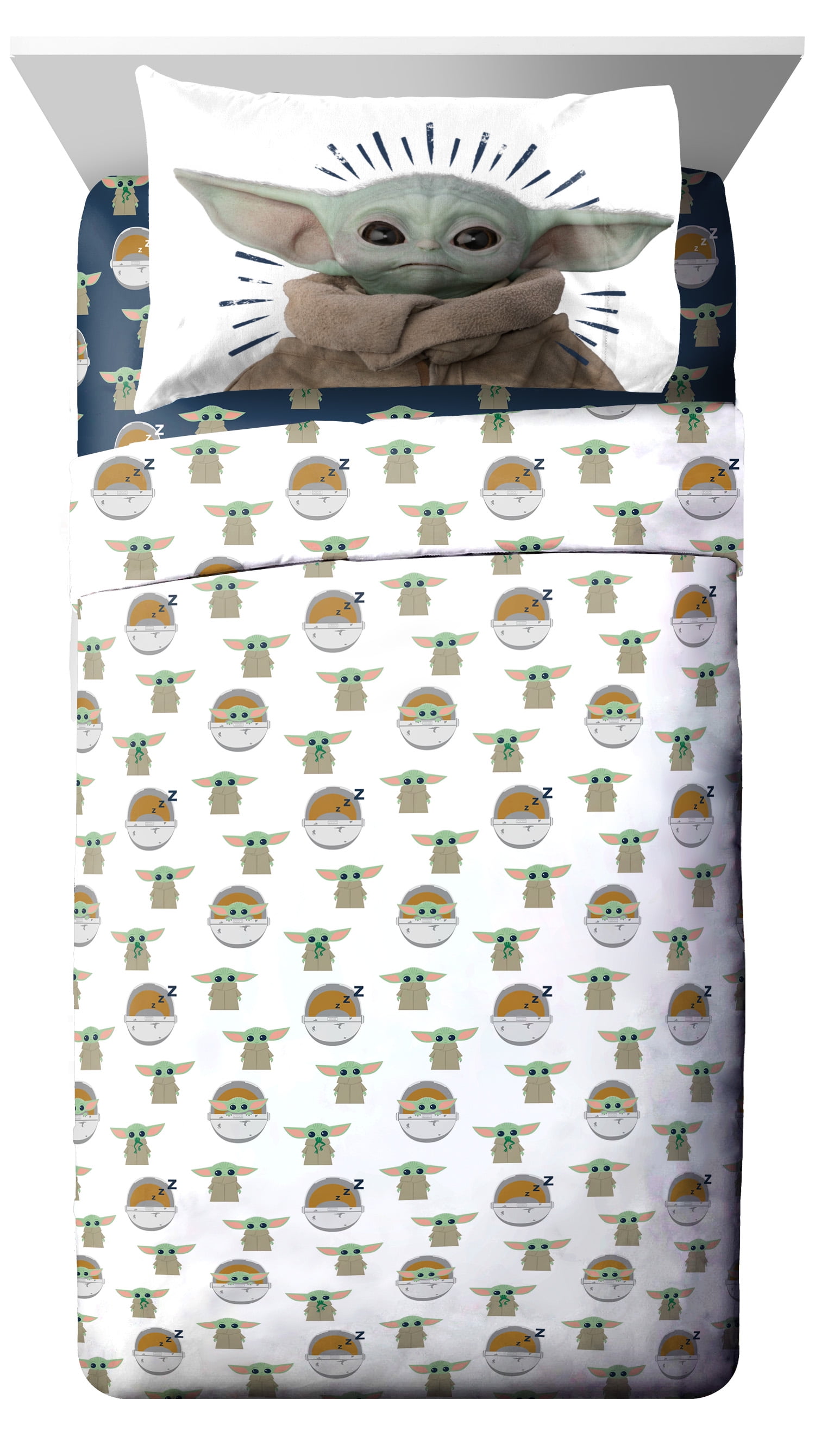 Baby Yoda Powerful Child 3-Piece Kids Twin/Full Sheet Set, Microfiber, White, Star Wars