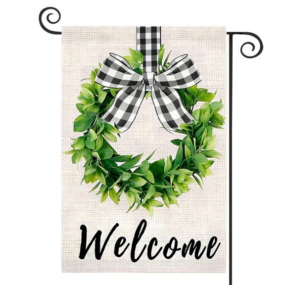 DMERBYL Nutodot Welcome Garden Flag Burlap Boxwood Wreath Flag Vertical Double Sided 12.5 x 18 Inch Buffalo Plaid Bow Summer Fall Decor Yard Outdoor Decoration