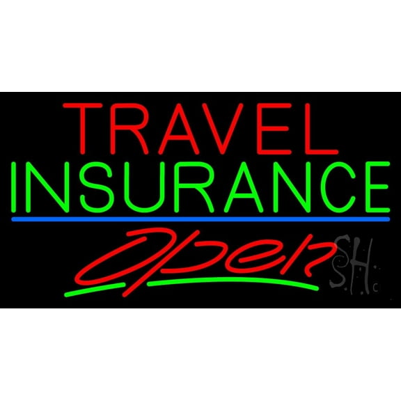 Travel Insurance Open With Blue Line LED Neon Sign 20 x 37 - inches, Black Square Cut Acrylic Backing, with Dimmer - Bright and Premium built indoor LED Neon Sign for Décor, Travel agency, Storefront.