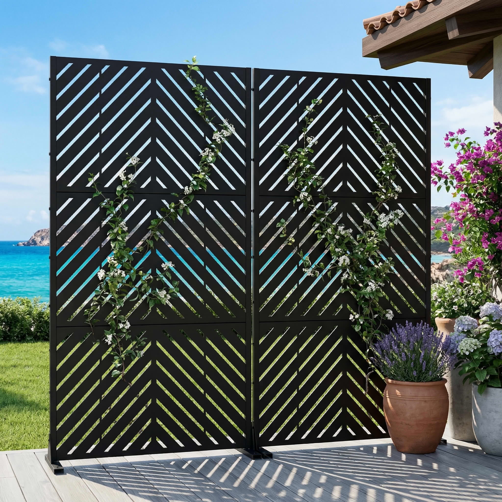 MAYEERTY 2-Piece Outdoor Metal Privacy Screen 6ft × 3ft Black, 3-Panel Parallel Decorative Screen, Rust-Resistant for Patio