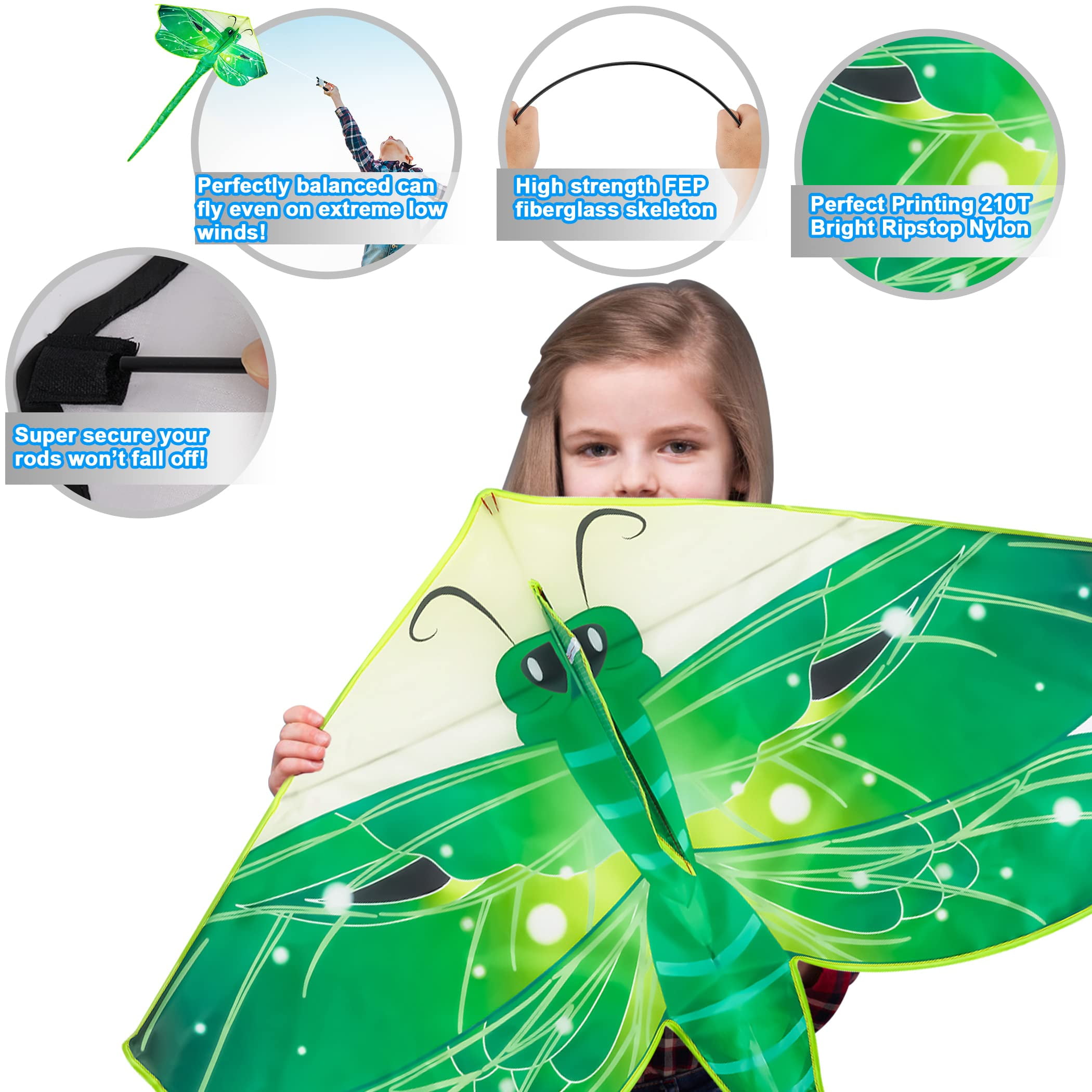 Crogift 3-Pack Large Kite Set Butterfly, Delta, and Dragonfly Easy to Fly Polyester Kites for Kids Ages 4-8 8-12 and Adults