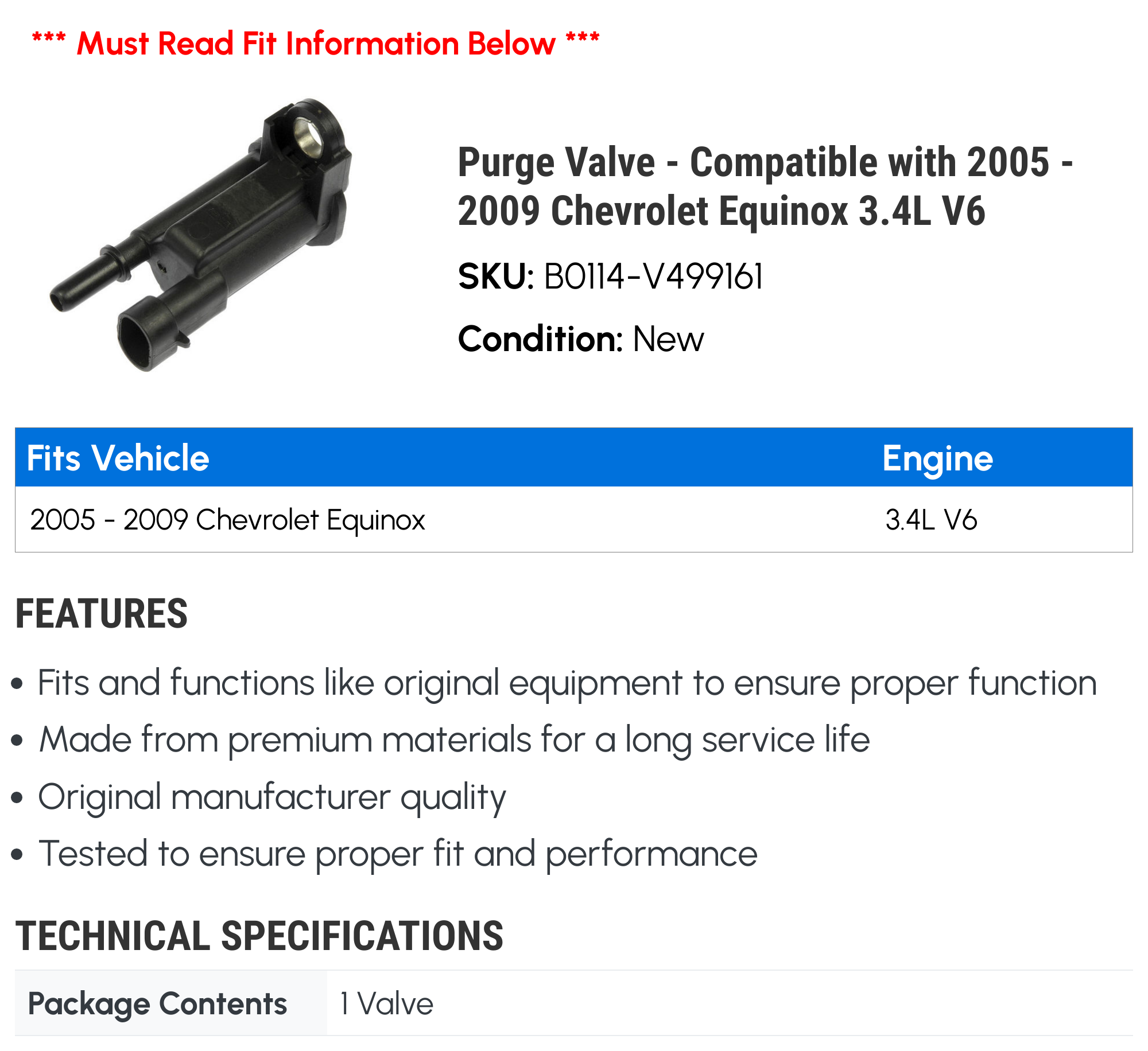 Purge Valve - Compatible with 2005 - 2009 Chevy Equinox 3.4L V6 2006 2007 2008