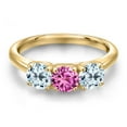thumbnail image 3 of Gem Stone King 18K Yellow Gold Plated Silver Pink Created Sapphire and Sky Blue Topaz Engagement Ring for Women | 1.95 Cttw | Round 5MM | Gemstone September Birthstone | Size 7, 3 of 6