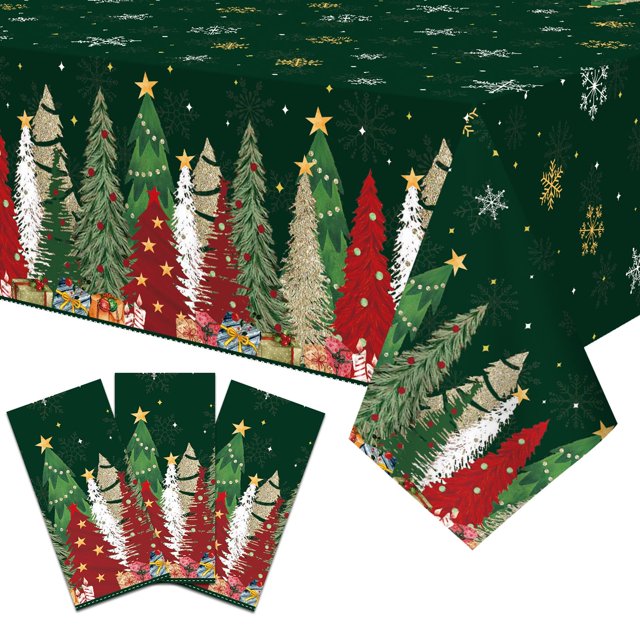 Mantel de plástico para árbol de Navidad de 3 piezas, 54 x 108 pulgadas, mantel desechable festivo verde para fiestas de invierno, cenas navideñas y decoraciones para interiores y exteriores