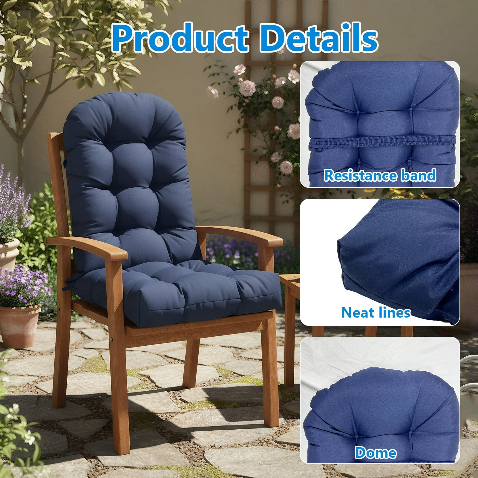 TOPCHANCES Outdoor Adirondack Chair Cushion with Ties, Water-Resistant Oxford Fabric High Back Rocking Chair Cushions (Navy Blue)