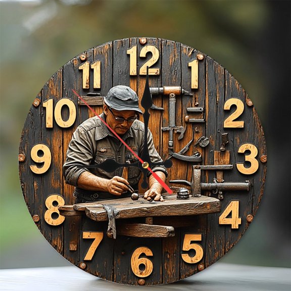 Rustic Wood Craftsman Clock Wall Decor 10-Inch Silent Wooden Wall Clock, Battery Operated (AA Batteries Not Included), Artistic Home Decor