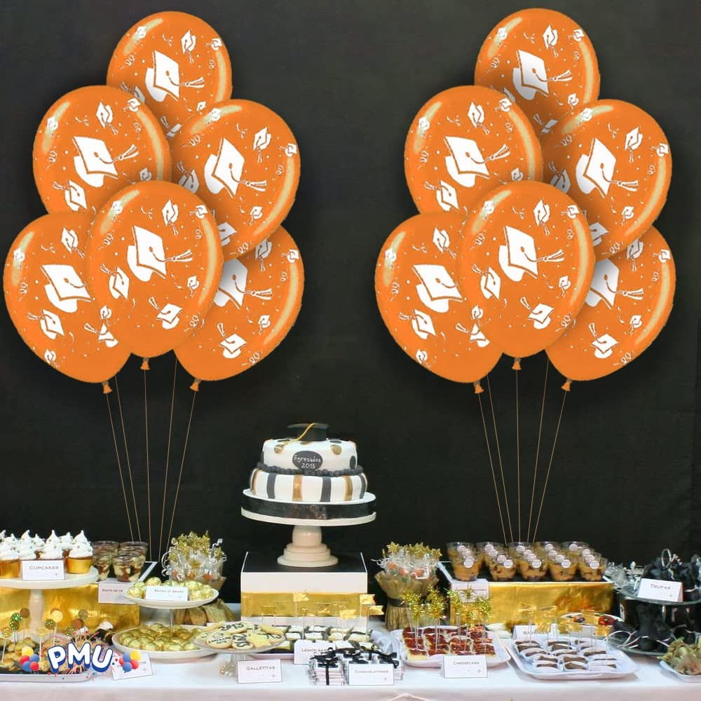 PMU 100 Pcs Graduation Balloons PartyTex 11 inch Premium Orange with All-Over Print White Grad Caps-Confetti and Streamers Graduation Party Decorations