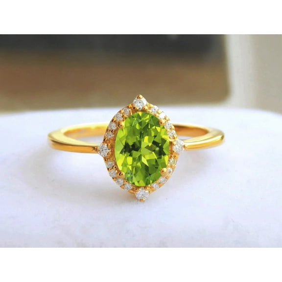 Lab-Grown Peridot - Diamond Cut Peridot , 7x9 Size ,Lab-Grown Peridot Ring, 925 Sterling Silver ,14K Yellow Gold Plated Engagement Rings