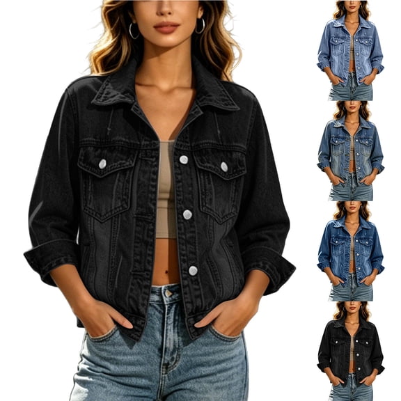 Chiccall Women's Vintage Washed Black Denim Trucker Jacket Fashion Lapel Button Down Long Sleeve Cropped Casual Coat