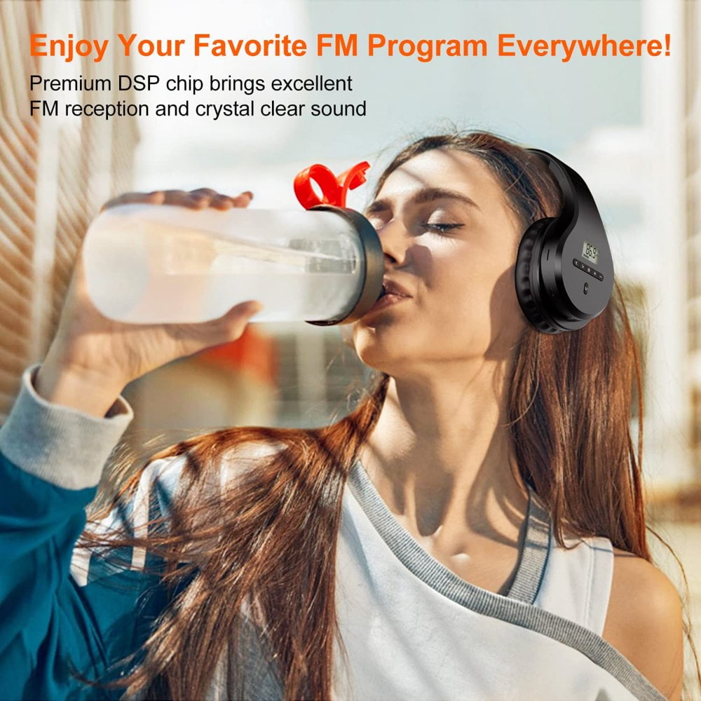 SUGARMOM Portable Rechargeable FM Radio Headphones Bluetooth Earmuffs Transistor Radios with Best Reception Wireless Radio Headset Built-in Mic TF Card. Walkman Radio for Mowing Jogging