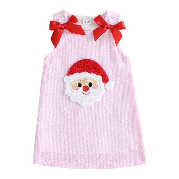RUINIXCW Toddler Baby Girl Christmas Dress Outfit Infant Baby Girls Fall Tank Dress Overalls Cute Santa Gingerbread Embroidery Sleeveless Striped Dress with Bows