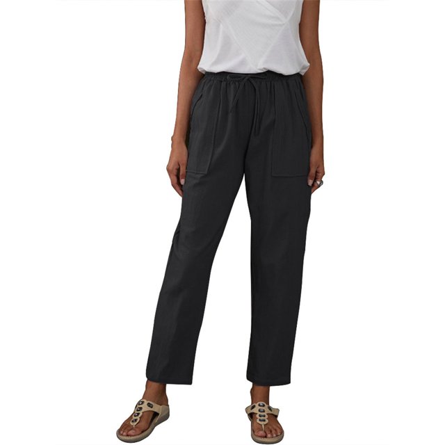 Pantalones casuales Bolsillo lateral Sueltos Lisos Cómodos Pantalones rectos transpirables con lazo para el trabajo diario
