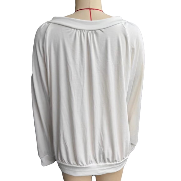 Women V Neck Long Sleeves Top, Women V Neck T Shirt Skin Friendly Pleated Trim for Home White XXL