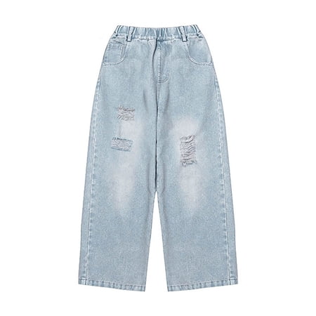 FYDUU Kids Girls Fashion Trendy Pants Elastic Waist Wide Leg Jeans Casual Demin Pants With Multi Pockets Trousers Vintage Halloween 11-12 Years