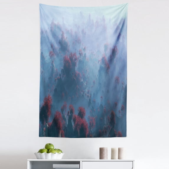 Mountain Tapestry, Aerial of Mystic Mountain Landscape with Autumn Trees in the Mist Wilderness Image, Fabric Wall Hanging Decor for Bedroom Living Room Dorm, 5 Sizes, Grey Orange, by Ambesonne
