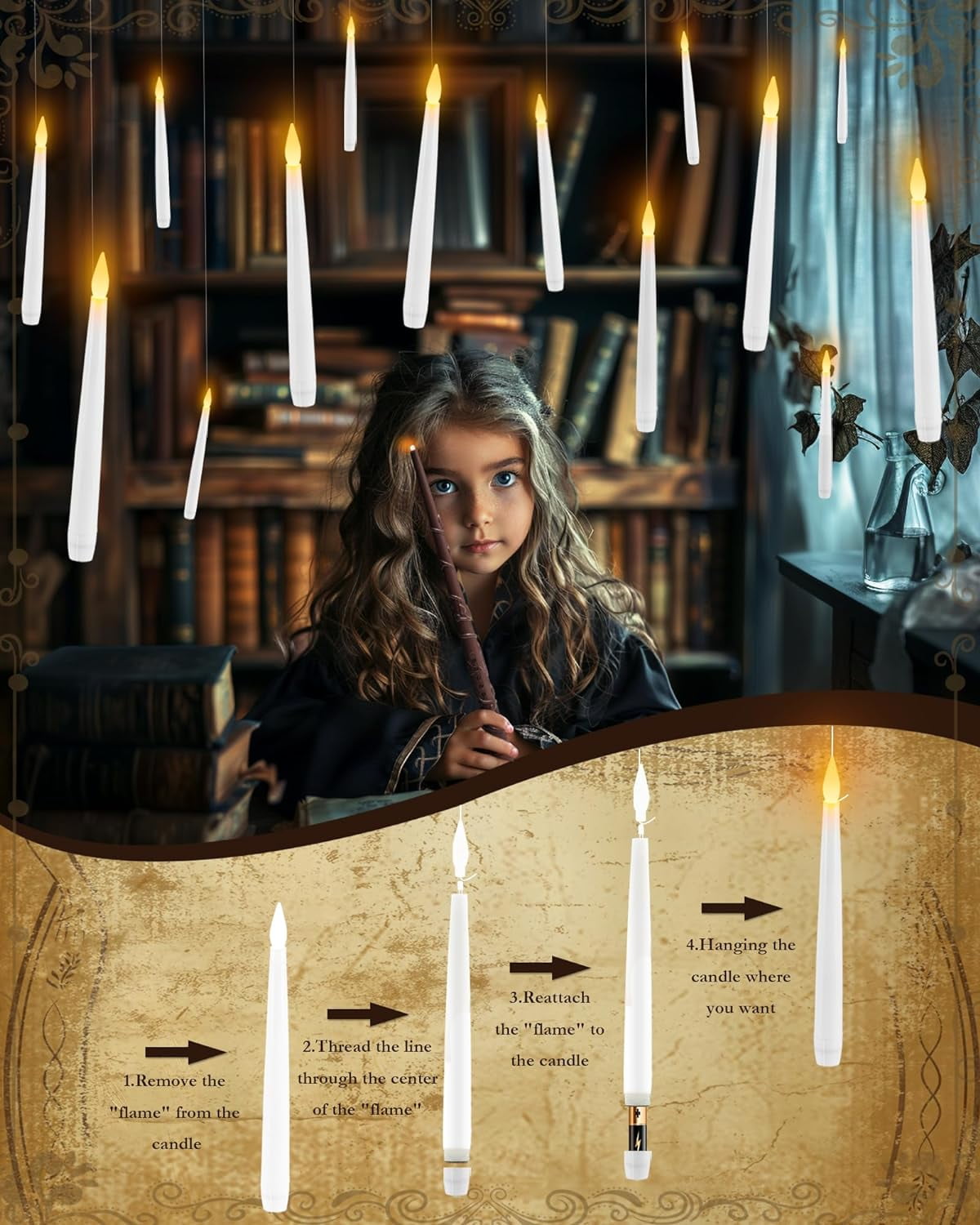 20 PCs Floating Candles with Wand, Halloween Decoration Magic Hanging Candles, Flickering Warm Light Flameless Floating LED Candle with Wand Remote, Battery Operated Taper Candle Set for Theme Party