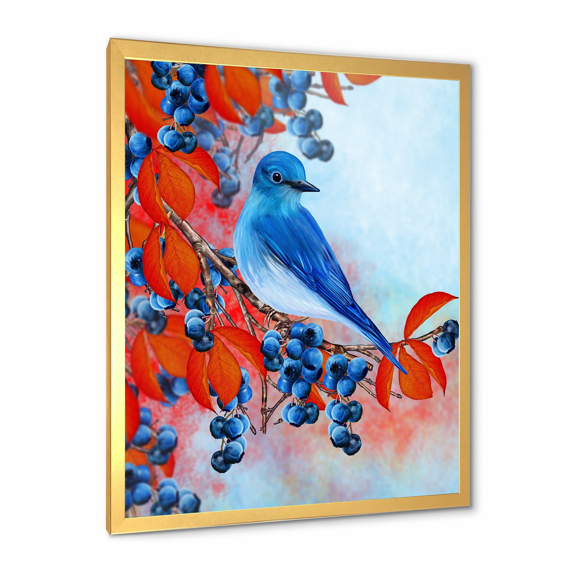 Designart 'Bright Bird Bullfinch Sitting On A Branch of Berries III' Traditional Framed Art Print