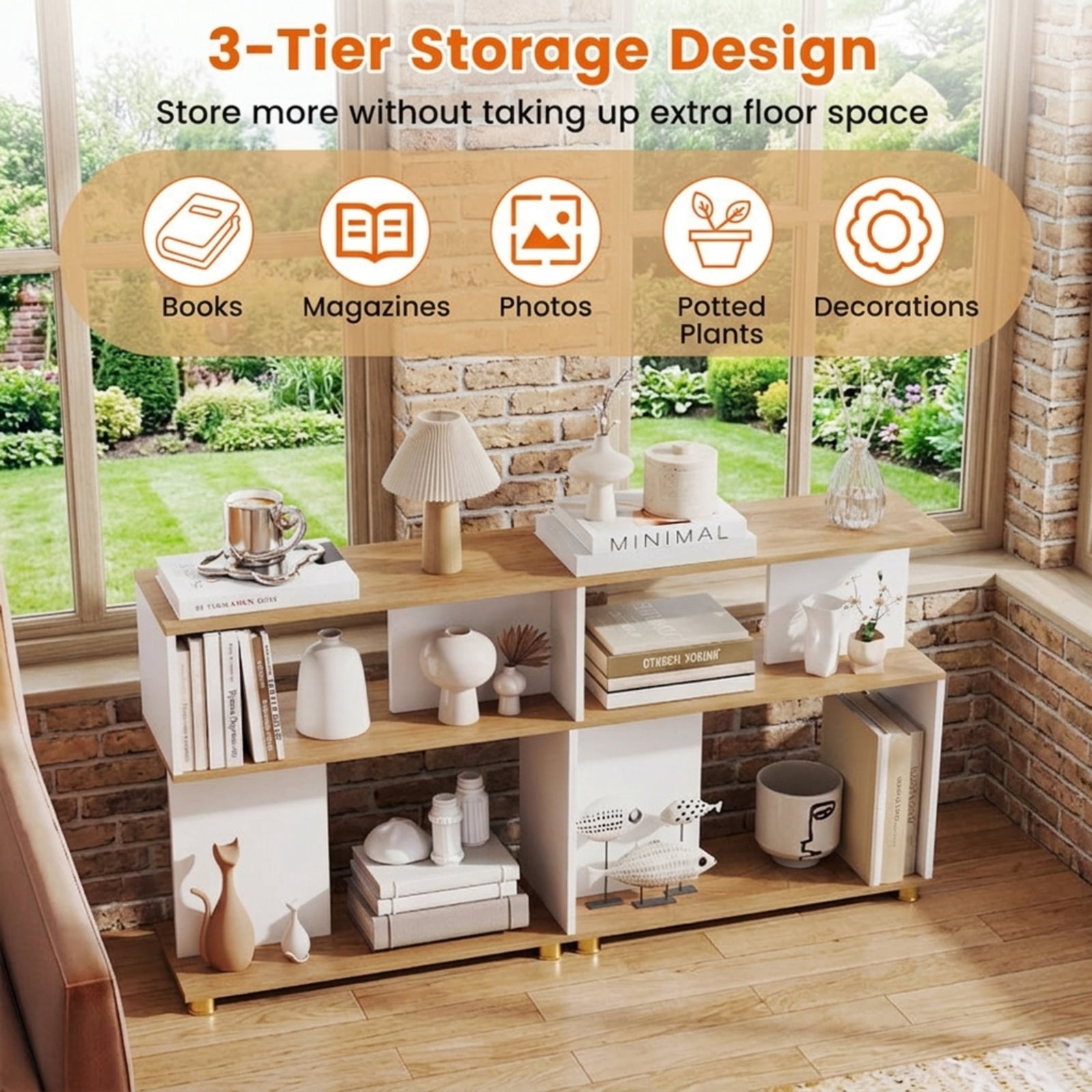 Furnibear 3-Tier Modern S-Shaped Bookshelf with Reversible Design Adjustable Feet and Anti-Tipping Kits for Living Room and Study, White