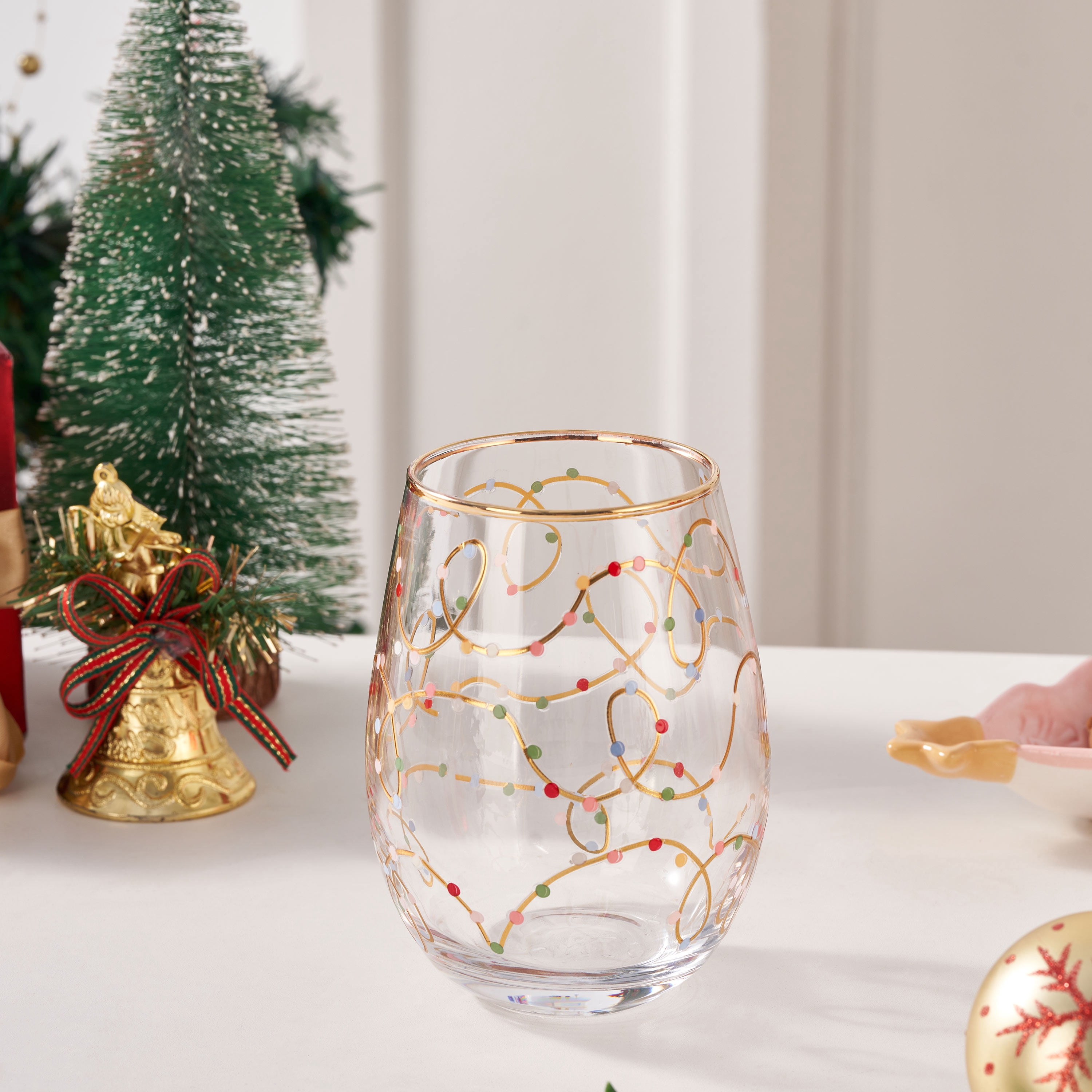 Gold Lights Wine Glass Gold Rim 18 OZ Holiday Time