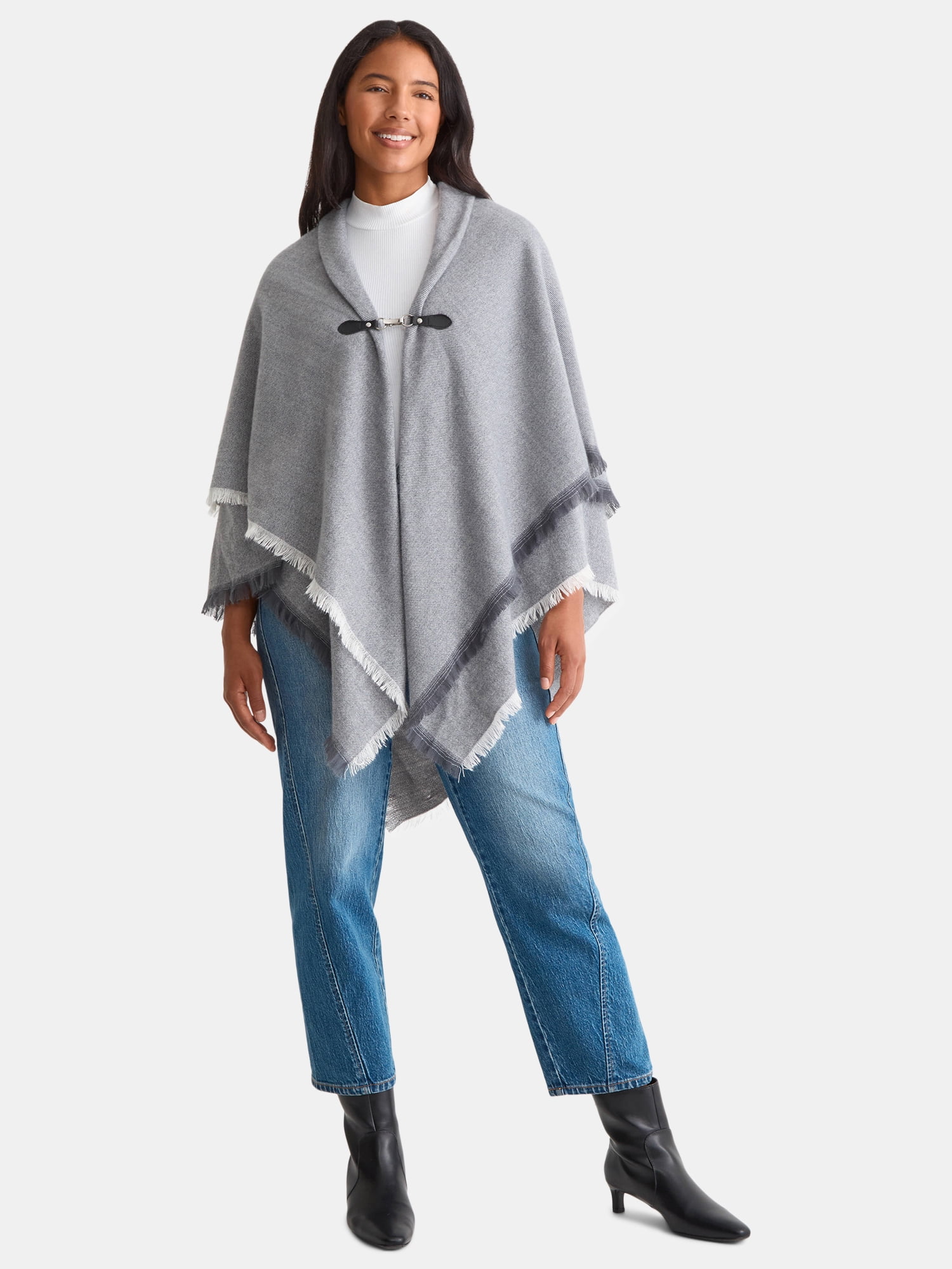 Time and Tru Women's Solid Toggle Poncho, Medium Heather Grey, Sizes S/M-L/XL