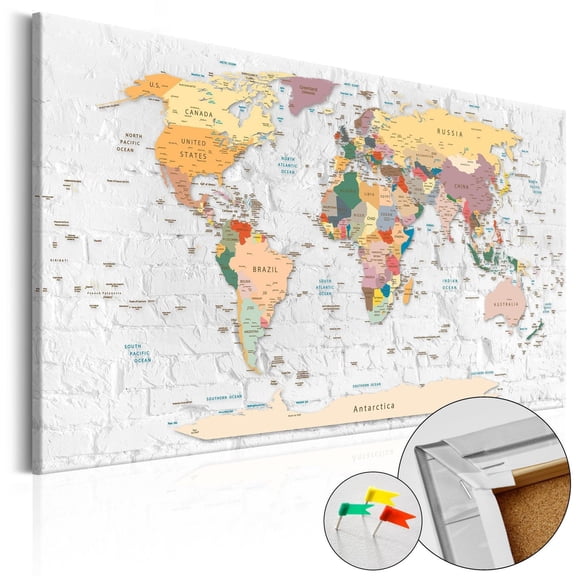 World Map Cork Pin Board - World Map On White Brick Wall