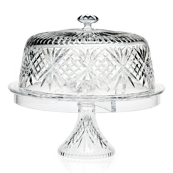 Godinger 4 in 1 Cake Stand, Cake Platter and Serving Plate Platter with Dome Cover, for Pastries, Desserts & More, Multi-Purpose Use - Dublin Crystal Collection