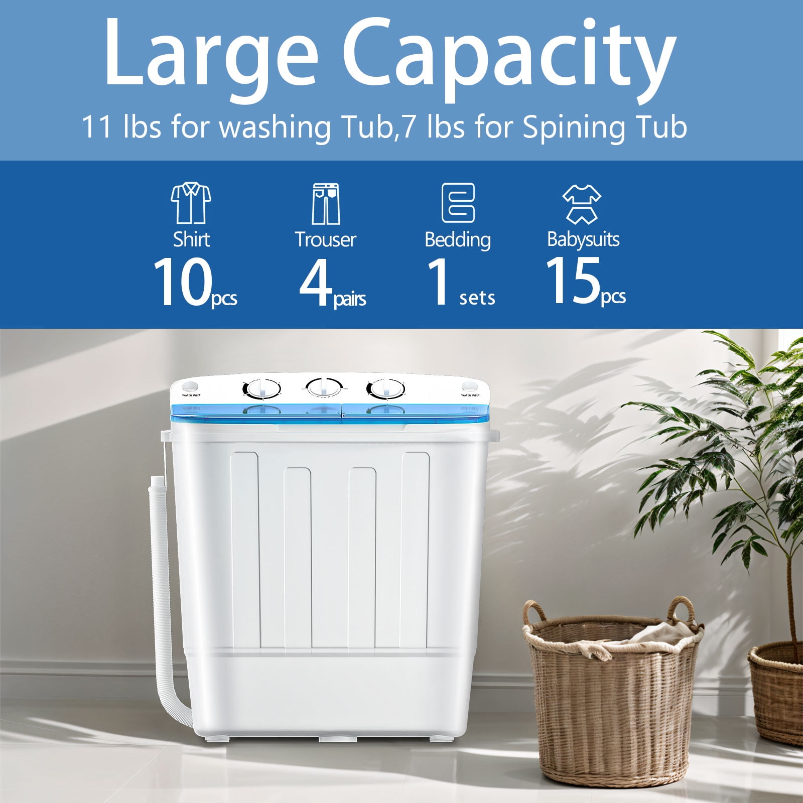 Dimedeal Portable Twin Tub Mini Washing Machine, Washer & Spinner with Drying Rack & Hangers, Mini Compact Laundry Machine with Spinner, Mini Washer for Dorms, Apartment