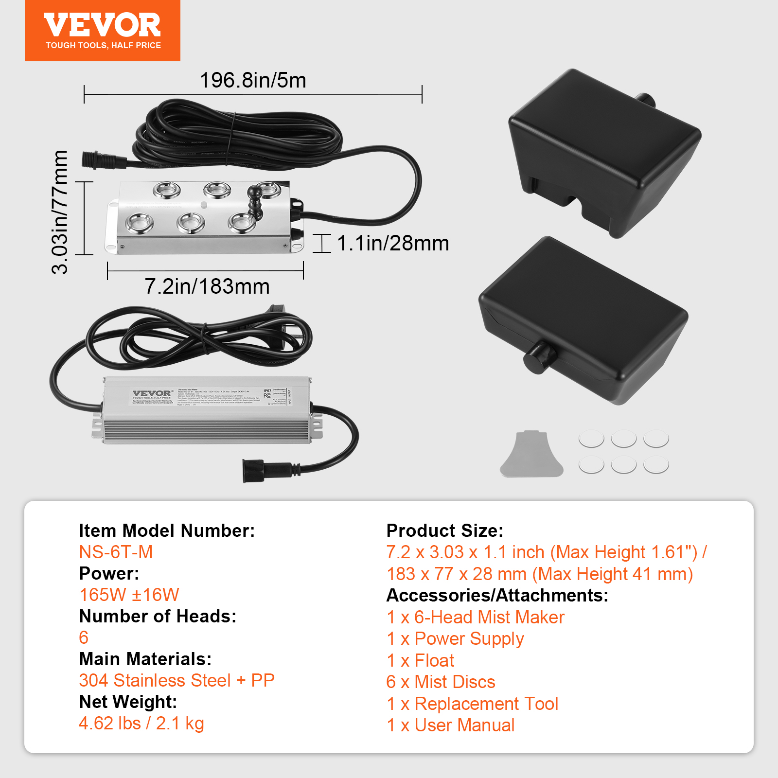 VEVOR Ultrasonic Mist Maker 6 Head, 4500mL/H Ultrasonic Fogger, Mist Maker with 165W IP67 Waterproof Power Supply, Buoy, Replacement Discs,for Pond,Garden,Rockery,Greenhouse, Halloween Decoration