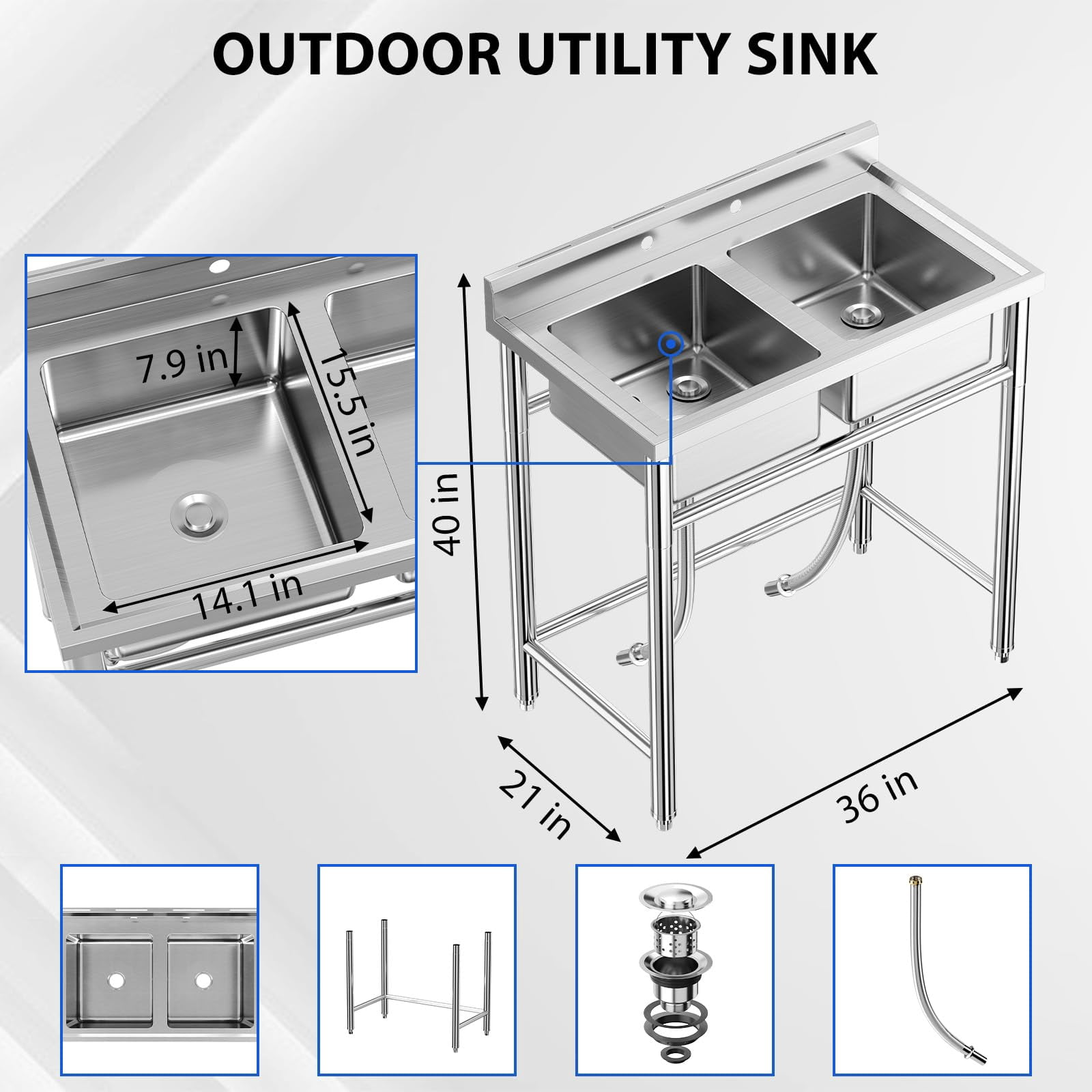 2-Compartment Commercial Sink, Stainless Steel Utility Sink with Pull-out Faucet, Free Standing Double Bowl Kitchen Sink for Restaurant, Garage, Shop, Cafe, Outoor