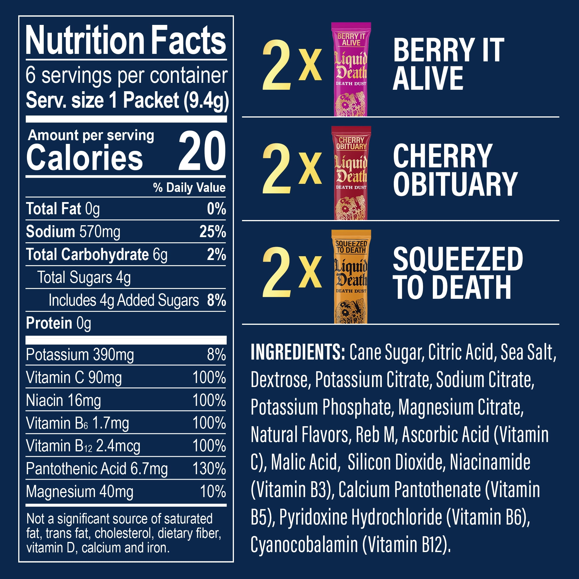 Liquid Death Dust Hydration Powdered Drink Mix, Variety 6 Pack, Berry It Alive, Cherry Obituary, Squeezed to Death,1000mg Electrolytes