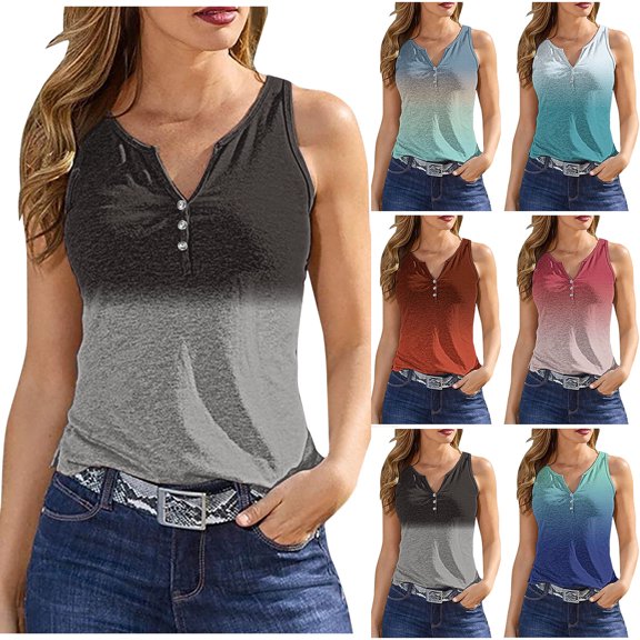 Olyvenn Summer Womens Tunic Tight Tank Tops Buttons Slit V-Neck Bodysuit Flowy Skinny Tight Slim Fit Casual Camis Stretch Workout Trendy Fitness Sleeveless Shirts Gradient Color Tees Pink 6