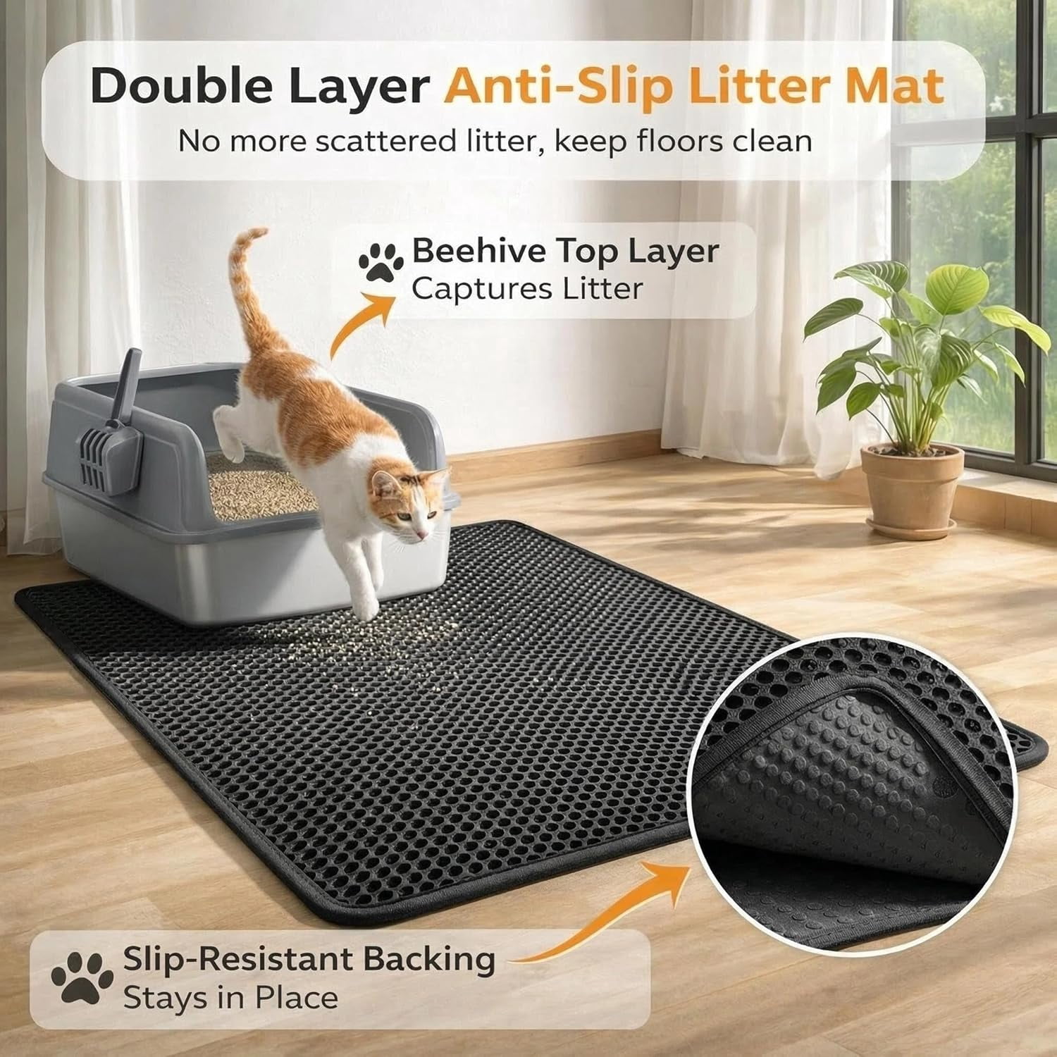 Cat Litter Mat Double Layer Litter Trapping Mat, Non-Slip Waterproof Urine Proof Easy Clean Kitty Litter Box Mat for Pet Floor Scatter Control (Black,30x22in-1 Pieces)
