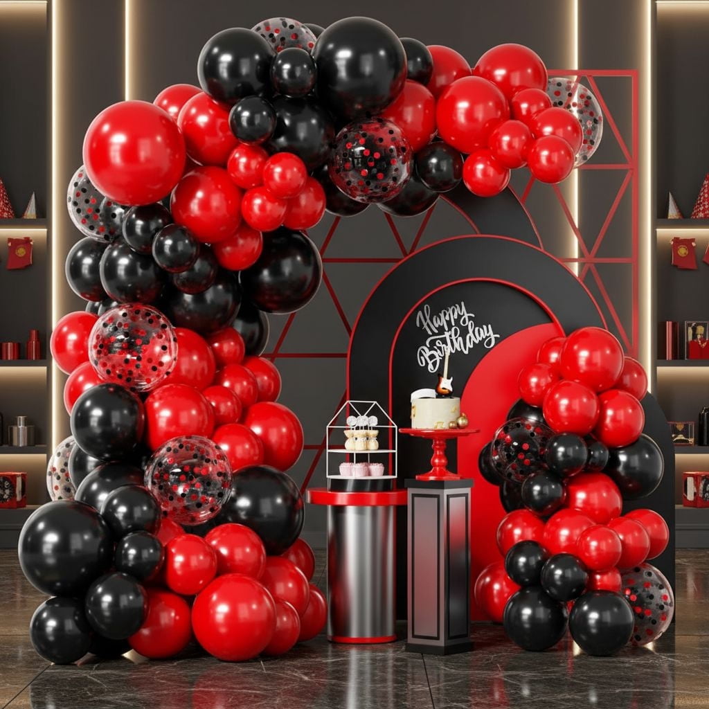 Red Black Balloons Garland Kit,100Pcs Black Red Balloons and Red Black Confetti Balloons Arch for Wedding Birthday Prom Party Arch Decoration Graduation BBQ Casino Party