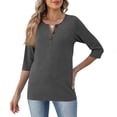 thumbnail image 5 of Qwertyu Womens Tops 3/4 Length Sleeve V Neck Loose Casual Button T Shirts Summer Basic Tees Gray 3XL, 5 of 5