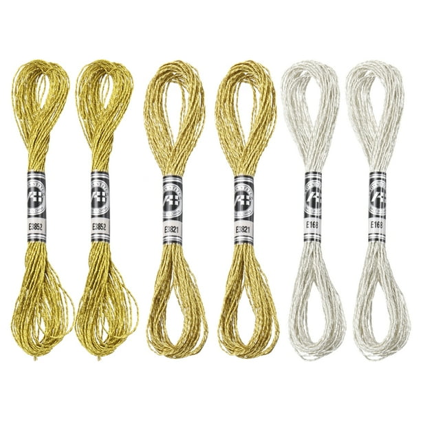 Uxcell 6 Madejas de Hilo de Bordado Nailon 8.75 Yardas de Longitud Hilo de Bordado Metálico Oro Plata Oro Claro