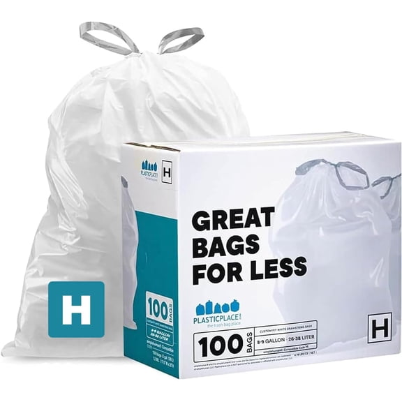 Plasticplace Trash Bags, Compatible with Simplehuman Code H, 8-9 Gallon Trash Can Liners, White Drawstring Garbage Bags, 100 Count, 18.5"x28", Heavy Duty, Tear-Resistant Kitchen & Bathroom