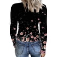 thumbnail image 4 of Women's Crew Neck Long Sleeve T-Shirt Ribbed Knit Slim Fit Floral Print Fall Winter Casual Layering Fitted Top 02-Black S, 4 of 5