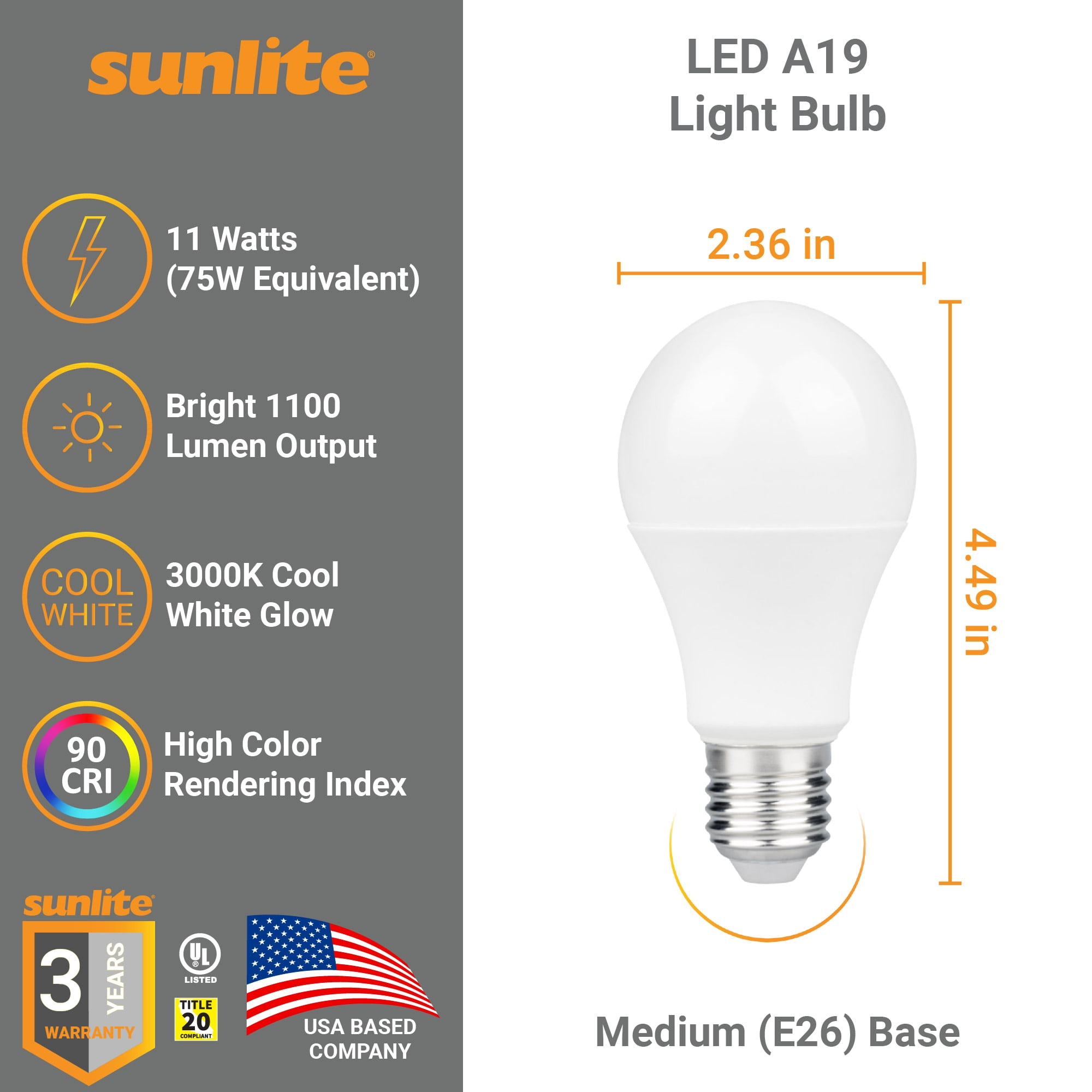 Sunlite LED A19 Light Bulb, 11 Watts (75W Equivalent), 1100 Lmns, 120V, Dimmable, Medium E26 Base, 90 CRI, 230 Degree Beam Angle, UL Listed, Title-20 Compliant, 4000K Cool White, 6 Pack