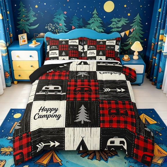 Catabedysis Geometric Grid Camping Full Size Comforter Sets,Happy Camping Patchwork Print Bedding Comforter Set For Boys,Multicolor,Black Reversible,3-Piece,1 Comforter and 2 Pillowcases