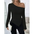 thumbnail image 3 of Women'S Y2K One Off the Shoulder Fitted Knit Top Asymmetrical Bell Long Sleeve Top Black XXL, 3 of 5