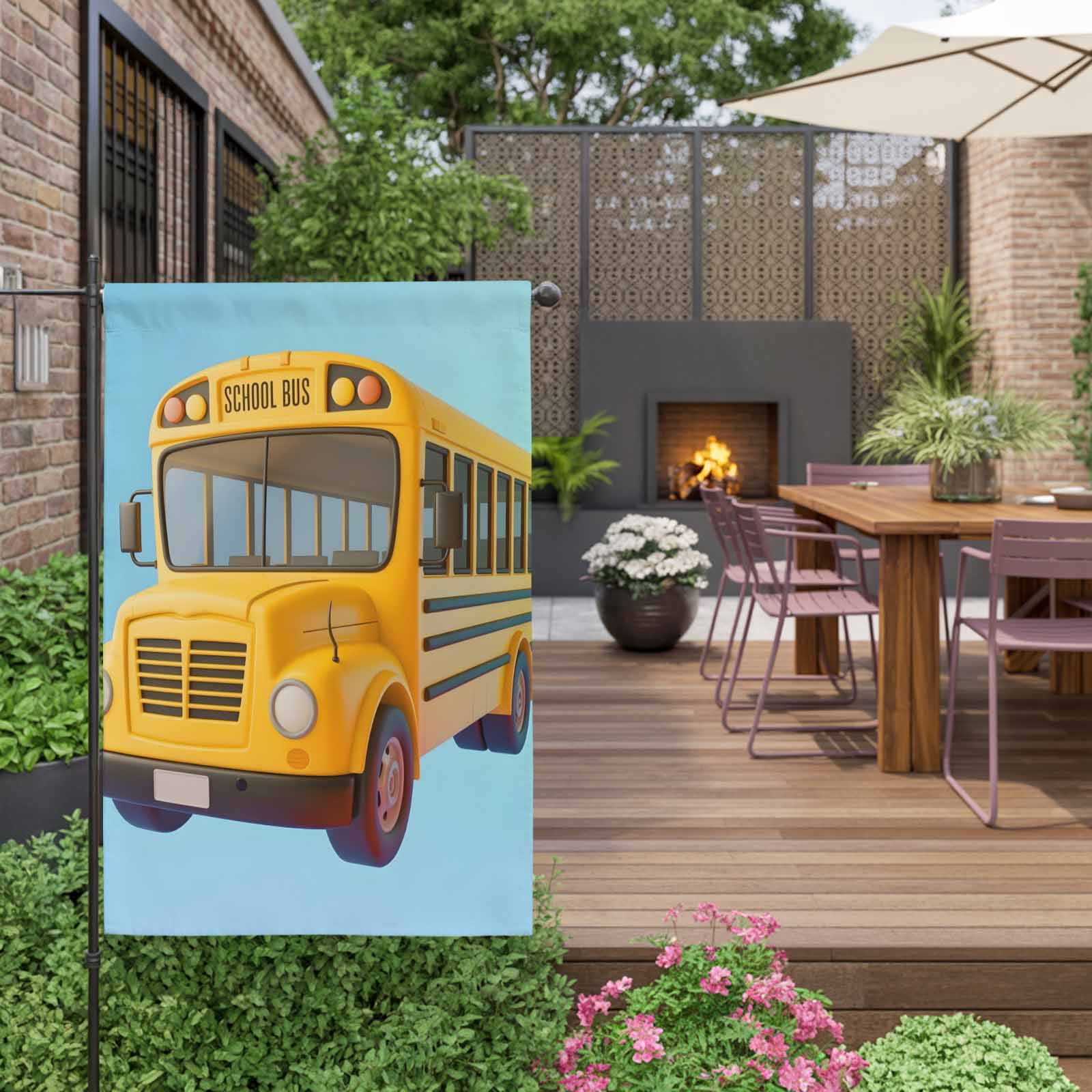 Yellow School Bus House Flag 28 x 40 Inches, Blue Background Cartoon 3D Simple Weather Proof Outdoor Patio Flags Double Sided Small House Decoration for Yard Lawn Outside Home