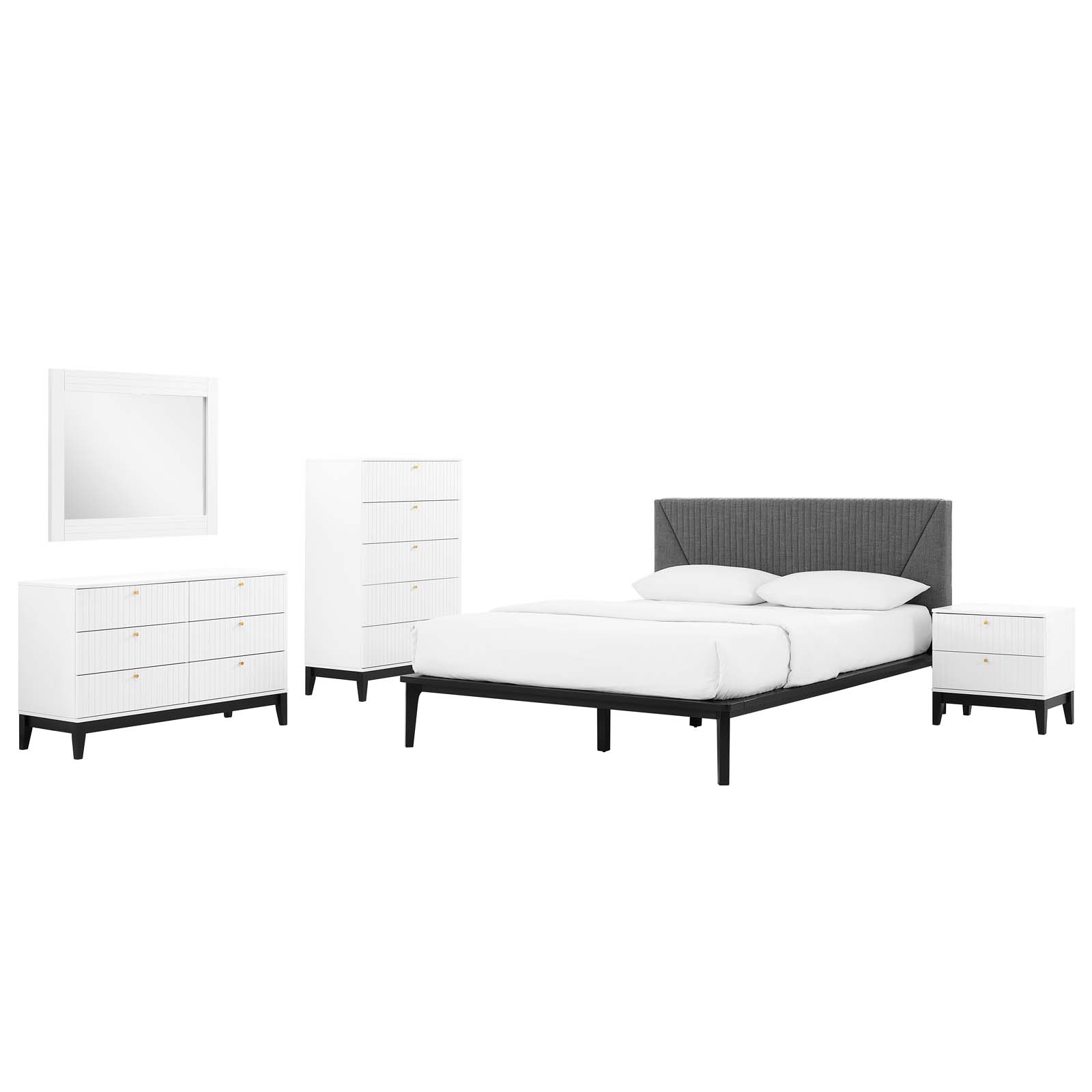 Platform Bed Dresser Chest Nightstand Set, Queen Size, White, Wood