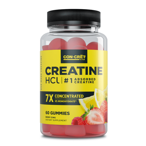 CON-CRET Creatine HCl Gummies, Sour Berry Zing Flavor, Supports Muscle & Brain Health, 60 Count
