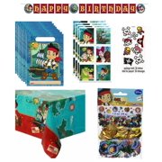 Jake and the Neverland Pirates Birthday Party Supplies Bundle include 1 Happy Birthday Banner, 1 Table Cover, 8 Favor Loot Bags 6.5" x 9", 24 Stickers, 36 Tattoos, 8 Blowouts