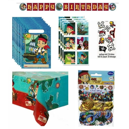 Jake and the Neverland Pirates Birthday Party Supplies Bundle include 1 Happy Birthday Banner, 1 Table Cover, 8 Favor Loot Bags 6.5" x 9", 24 Stickers, 36 Tattoos, 8 Blowouts