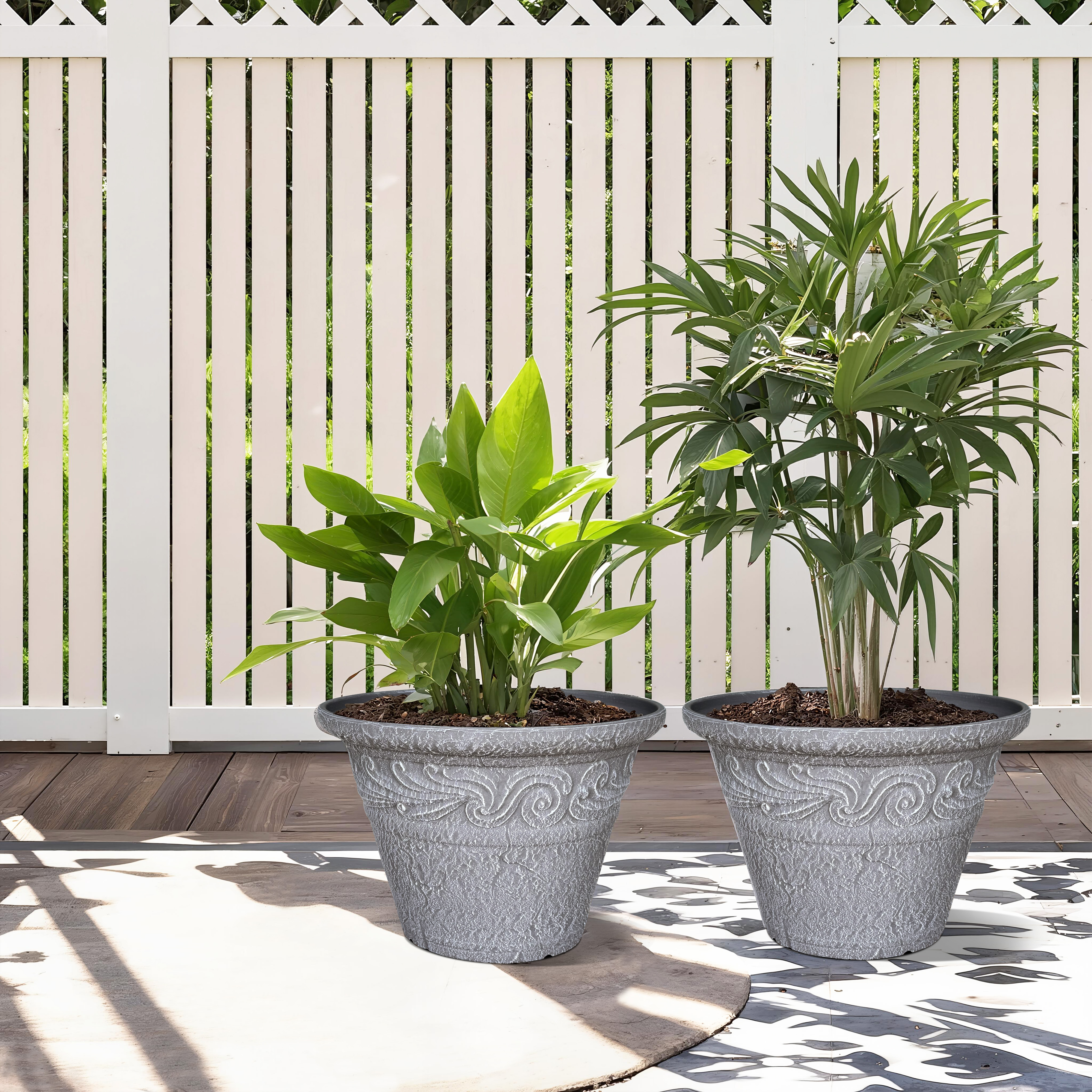 12 in. Dia Two-piece Set Of Classical Relief Flower Pots for Indoor/Outdoor Plants (Set of 2) in Light Gray